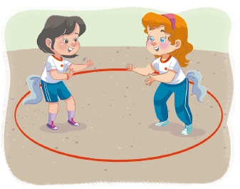 Imagem: Ilustração. Duas meninas, no centro de um círculo vermelho, estão com as mãos esticadas para frente e os joelhos dobrados. Nas costas delas, um lenço branco está preso.  Fim da imagem.