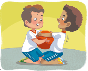 Imagem: Ilustração. Dois meninos, de joelhos no chão, estão com os braços esticados e com as mãos seguram uma bola.  Fim da imagem.