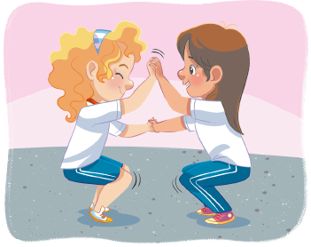 Imagem: Ilustração. Destaque para duas meninas, com joelhos dobrados e braços esticados para a frente, estão com as mãos encaixadas.  Fim da imagem.