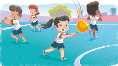 Imagem: Ilustração. No centro, uma menina está com os braços esticados na direção de uma bola que está no alto. Ao redor há crianças com as pernas flexionadas.  Fim da imagem.