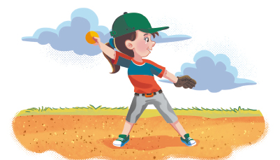 Imagem: Ilustração. Uma menina de cabelo preso e chapéu verde está em pé e segura uma bola laranja com o braço direito estendido para trás.  Fim da imagem.