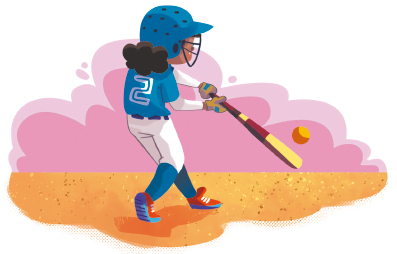 Imagem: Ilustração. De costas, uma criança, usando capacete e camisa azul, com luvas, segura um taco e aponta para uma bola.  Fim da imagem.