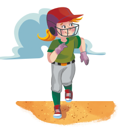 Imagem: Ilustração. Uma menina, usando capacete vermelho e camisa verde, está com os braços flexionados, o pé esquerdo erguido e o pescoço inclinado para o lado. Fim da imagem.