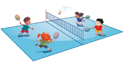 Imagem: Ilustração. À esquerda, duas crianças seguram uma raquete com os braços levantados e olham para uma peteca vermelha. No centro, uma rede está esticada. À direita, outras duas crianças seguram as raquetes e olham para a peteca. Fim da imagem.