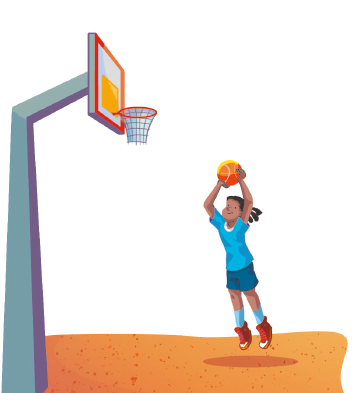 Imagem: Ilustração. No centro, uma criança, com os braços esticados para cima, segura uma bola de basquete com as duas mãos. À sua frente, uma cesta de basquete. Fim da imagem.
