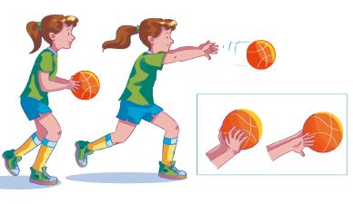 Imagem: Ilustração em sequência. À esquerda, uma menina, com os joelhos e braços dobrados, segura uma bola com as duas mãos. Em seguida, está com o joelho esquerdo flexionado, os braços esticados para frente, a palma da mão aberta e a bola em movimento. À direita, destaque para uma mão espalmada e a bola iniciando um movimento.  Fim da imagem.