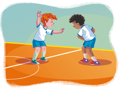 Imagem: Ilustração. No centro, um menino com os joelhos flexionados e braços dobrados ao lado do corpo. À esquerda, outro menino, com um braço esticado para frente e outro para cima. O chão é laranja e tem linhas brancas.  Fim da imagem.