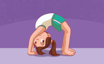 Imagem: Ilustração. Uma menina está com o corpo inclinado para trás e as mãos no chão.  Fim da imagem.