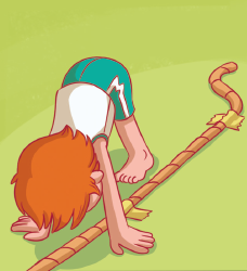 Imagem: Ilustração. Um menino ruivo está com o tronco inclinado para frente, os braços esticados e as mãos no chão. Ao seu lado, há uma corda fixada no chão. Fim da imagem.