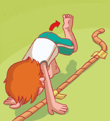 Imagem: Ilustração. O menino ruivo está com o tronco inclinado para frente, os braços esticados, a mão no chão e a perna esquerda dobrada para cima. Uma seta aponta para o pé dele. Ao seu lado, há uma corda fixada no chão. Fim da imagem.