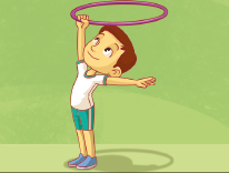 Imagem: Ilustração 4. O menino está com o braço direito levantado e segura um bambolê acima da cabeça. O braço esquerdo está aberto. Fim da imagem.