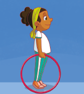 Imagem: Ilustração 2. Passo 2. A menina com faixa amarela está em pé, com o braço direito abaixado ao lado do corpo e segura um bambolê.  Fim da imagem.