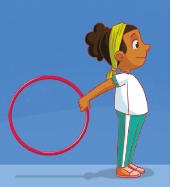 Imagem: Ilustração 3. Passo 3. A menina com faixa amarela está em pé com o braço direito esticado para trás e segura um bambolê.  Fim da imagem.