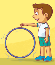 Imagem: Ilustração. Um menino está com o braço direito esticado para frente. À sua frente, um bambolê.  Fim da imagem.
