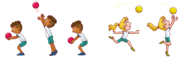 Imagem: Ilustração. À esquerda, um menino de cabelo castanho segura uma bola vermelha com as duas mãos. Em seguida, os braços dele estão esticados para cima e a bola em movimento no ar. A bola retorna e o menino a segura com as duas mãos. À direita, uma menina loira está com os dois braços abertos ao lado do corpo e olha para uma bola que está no alto. Em seguida, estica os braços para cima e as mãos estão abertas na direção de uma bola amarela.  Fim da imagem.
