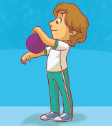 Imagem: Ilustração. Um menino, com o braço direito curvado, equilibrado uma bola. Fim da imagem.