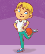 Imagem: Ilustração. Um menino, com as mãos na cintura, está com a perna esquerda dobrada para trás e, entre sua perna, há uma bola. Fim da imagem.