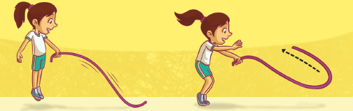 Imagem: Ilustração. Uma menina está com os braços abertos e segura uma corda com a mão esquerda. Ao lado da extremidade solta da corda, há uma seta que indica para a ponta onde a menina segura.  Fim da imagem.