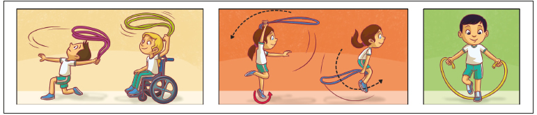 Imagem: Ilustração. Crianças segurando cordas. Ao redor delas, há setas que indicam círculos.  Fim da imagem.