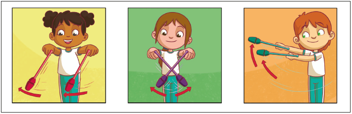 Imagem: Ilustração. Crianças, com os braços esticados, seguram duas hastes com ponta oval para baixo, cruzados e para o lado. Ao lado das pontas, setas indicam o movimento.   Fim da imagem.