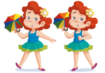 Imagem: Ilustração. A menina de flor no cabelo está com as pernas afastadas, com o calcanhar levantado e, com os braços abertos, segura o guarda-chuva. Fim da imagem.
