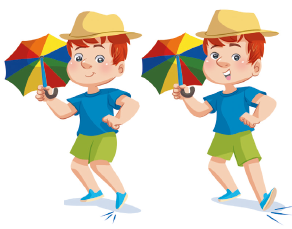 Imagem: Ilustração. Um menino, usando chapéu, camiseta azul e bermuda verde, com a mão direita segura o guarda-chuva e está na ponta dos pés, em seguida, com o calcanhar levantado.  Fim da imagem.