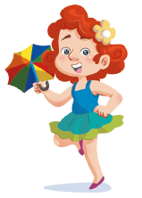 Imagem: Ilustração. A menina de flor no cabelo segura um guarda-sol com a mão direita e está com a perna direita dobrada.  Fim da imagem.