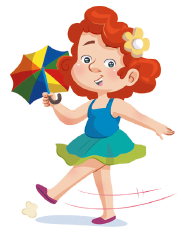 Imagem: Ilustração. A menina de flor no cabelo segura o guarda-chuva com a mão direita e está com a perna esquerda esticada para frente do corpo.  Fim da imagem.