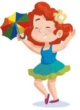 Imagem: Ilustração. A menina de flor no cabelo está com os braços abertos, segura o guarda-chuva com a mão direita e a perna direita está cruzada e na ponta dos pés.  Fim da imagem.