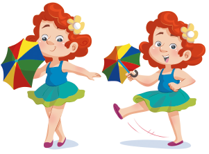 Imagem: Ilustração. A menina de cabelo florido, com os braços abertos, segura o guarda-chuva com a mão direita e está com as pernas cruzadas, em seguida, com a perna direita esticada para frente. Fim da imagem.