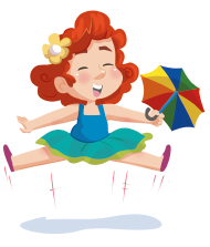 Imagem: Ilustração. A menina está no ar, com as pernas afastadas e os braços abertos, segurando o guarda-chuva com a mão esquerda.  Fim da imagem.