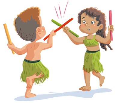 Imagem: Ilustração. À esquerda, um menino sem camisa e com saia verde, segura dois bastões e, com a mão direita, inclina o bastão para frente. À direita, uma menina vestindo regata e saia verde, segura dois bastões e, com a mão direita, inclina o bastão na direção do menino.  Fim da imagem.