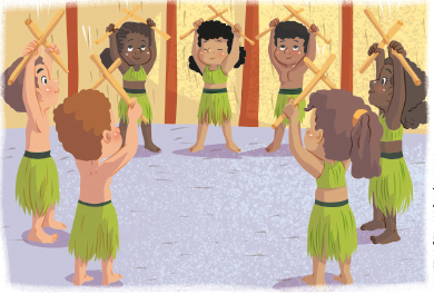 Imagem: Ilustração. Sete crianças formam um círculo. Todas estão com os braços levantados e seguram um bastão em cada mão.   Fim da imagem.