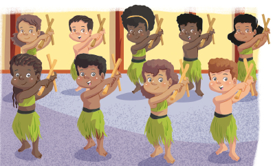 Imagem: Ilustração. 9 crianças, em duas fileiras, estão com os braços esticados para a esquerda e seguram dois bastões cruzados entre si.  Fim da imagem.