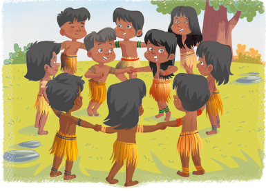 Imagem: Ilustração. 8 crianças, vestindo saia amarela, estão de mãos dadas e formam um círculo. Dentro do círculo, duas crianças se seguram com uma mão e a outra está dobrada.  Fim da imagem.