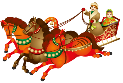 Imagem: Ilustração. À frente, três cavalos em tons de marrom, estão com as patas esticadas para frente e puxam um trenó. Atrás, uma mulher usando touca, casaco e luva, está no trenó e segura as rédeas dos cavalos com a mão direita.  Fim da imagem.