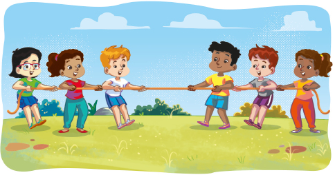 Imagem: Ilustração. Seis crianças, três de cada lado, estão com as pernas esticadas, os braços dobrados e seguram uma corda.  Fim da imagem.