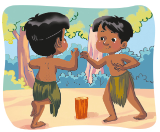 Imagem: Ilustração. Dois meninos, vestindo tanga verde e sem camisa, estão com os braços inclinados para frente e se olham. Entre eles, há um toco de madeira. Ao fundo, árvores.  Fim da imagem.