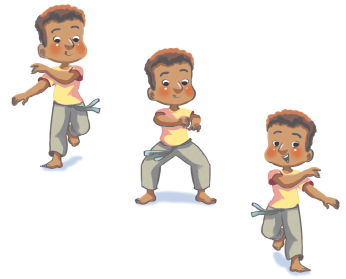 Imagem: Ilustração. Um menino, vestindo camiseta amarela, calça cinza e uma fita na cintura, está com os dois braços inclinados e a perna esquerda levantada. Em seguida, as pernas afastadas, os joelhos dobrados, o braço direito dobrado em frente ao corpo e o esquerdo esticado ao lado. Por fim, o menino está com os dois braços inclinados ao lado esquerdo do corpo e a perna direita levantada. Fim da imagem.