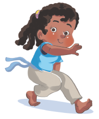 Imagem: Ilustração. Uma menina, com camiseta azul, calça branca e uma finta na cintura, está agachada, o pé esquerdo na frente, e o braço direito estendido.  Fim da imagem.