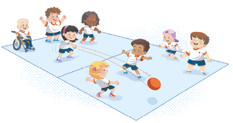 Imagem: Ilustração. Crianças, em pé, olham uma bola laranja. À esquerda, uma menina está com o braço esticado. À direita, duas crianças estão com os troncos curvados para trás. A bola está no ar.  Fim da imagem.
