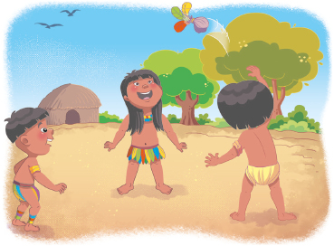 Imagem: Ilustração. Três crianças indígenas vestindo tanga colorida e sem camisa, estão de pé, com os braços ao lado do corpo e olhando uma peteca no alto. Ao fundo, uma oca e árvores. Fim da imagem.