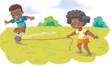 Imagem: Ilustração. À direita, uma menina, com os braços abertos, segura uma linha com uma bola na ponta. À esquerda, um menino está com os joelhos dobrados, braços abertos e acima da bola  Fim da imagem.