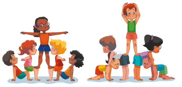 Imagem: Ilustração. Crianças agachadas, com pernas dobradas e uma garota no meio, apoiada nelas e com os braços abertos.  Fim da imagem.
