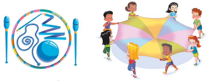 Imagem: Ilustração. À esquerda, hastes com ponta oval, um aro fino, uma fita, uma corda e uma bola. À direita, crianças seguram uma rede e formam um círculo.  Fim da imagem.