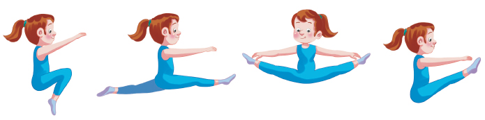 Imagem: Ilustração em sequência. Uma menina com as pernas dobradas e braços para frente. Em seguida, pernas esticadas na horizontal. As pernas abertas e braços na direção dos pés. Por fim, as pernas estendidas para frente e os braços na direção dos pés.  Fim da imagem.