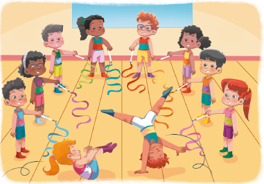 Imagem: Ilustração. Crianças, em círculo, seguram fitas coloridas em espirais. No centro há duas crianças, uma com as costas no chão e os joelhos perto do perto; e outra de ponta cabeça, com a mão direita apoiada no chão e as duas pernas para cima abertas. Fim da imagem.