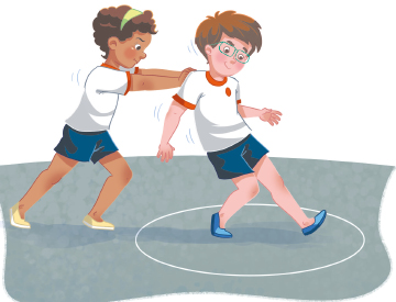 Imagem: Ilustração. À esquerda, uma menina está com os joelhos dobrados e os braços estendidos para a frente em direção às costas de um menino. O menino está dentro de um círculo branco e com os joelhos dobrados.  Fim da imagem.