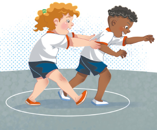 Imagem: Ilustração. À esquerda, uma menina está com os braços esticados para a frente em direção às costas de um menino. O menino está com o tronco inclinado para frente e os braços dobrados. Ambos estão dentro de um círculo rabiscado no chão. Fim da imagem.