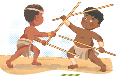 Imagem: Ilustração. Duas crianças, usando tanga e sem camisa, estão de frente uma para a outra e seguram uma barra inclinada para frente.  Fim da imagem.